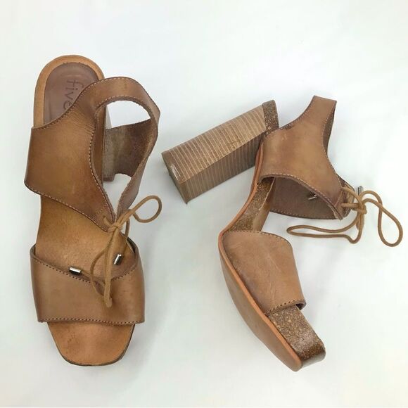 Five Worlds Brown Leather Lace Tie Stacked Heel Platform Sandals - Picture 3 of 16